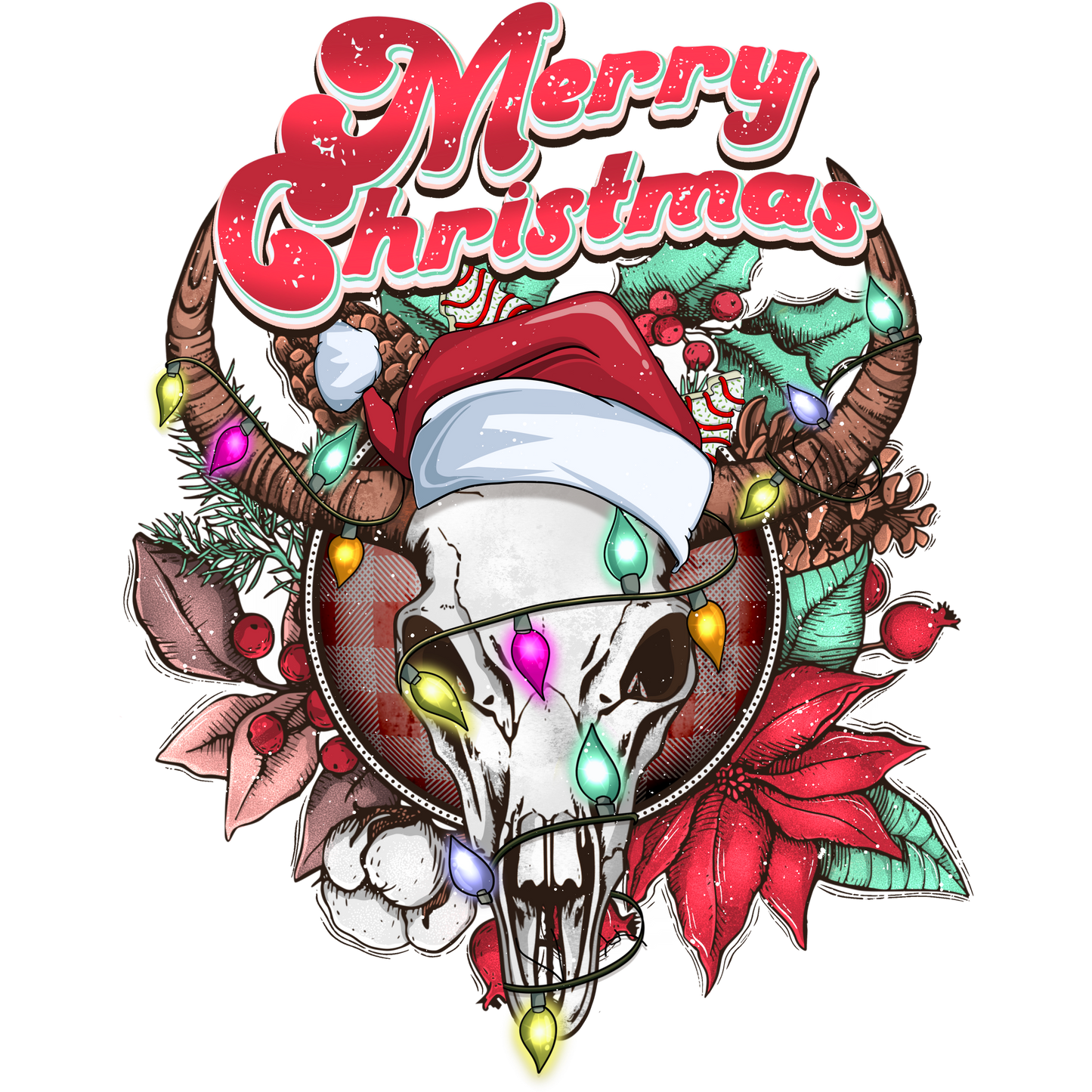 Merry Christmas Skull with Santa Hat Drawing Poster