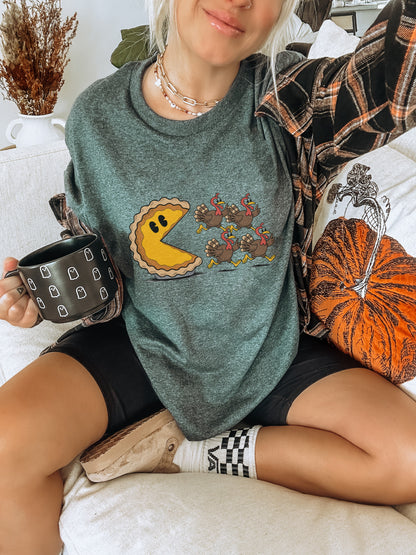 Pacman Game Eating Turkeys Graphic Tee