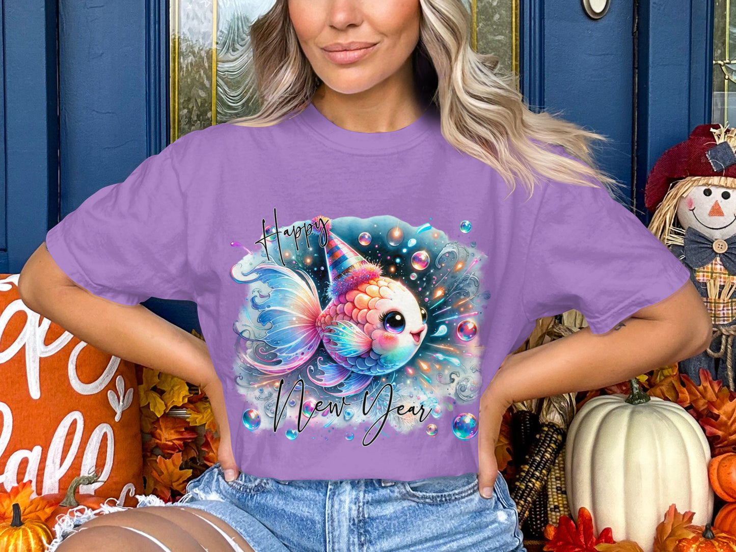 Happy New Year colorful fish graphic t-shirt