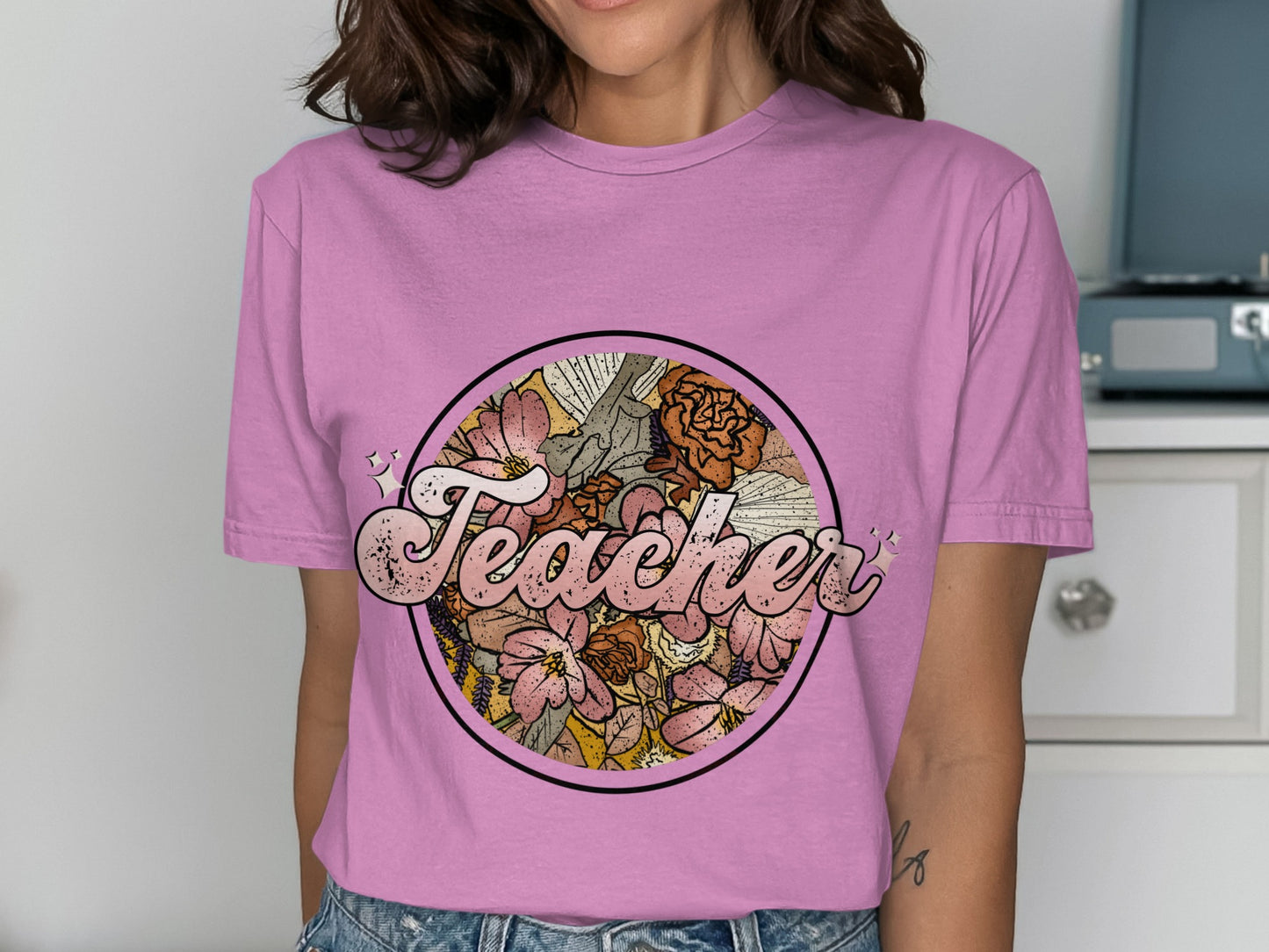 Vintage Teacher T-Shirt with Floral Graphic Print
