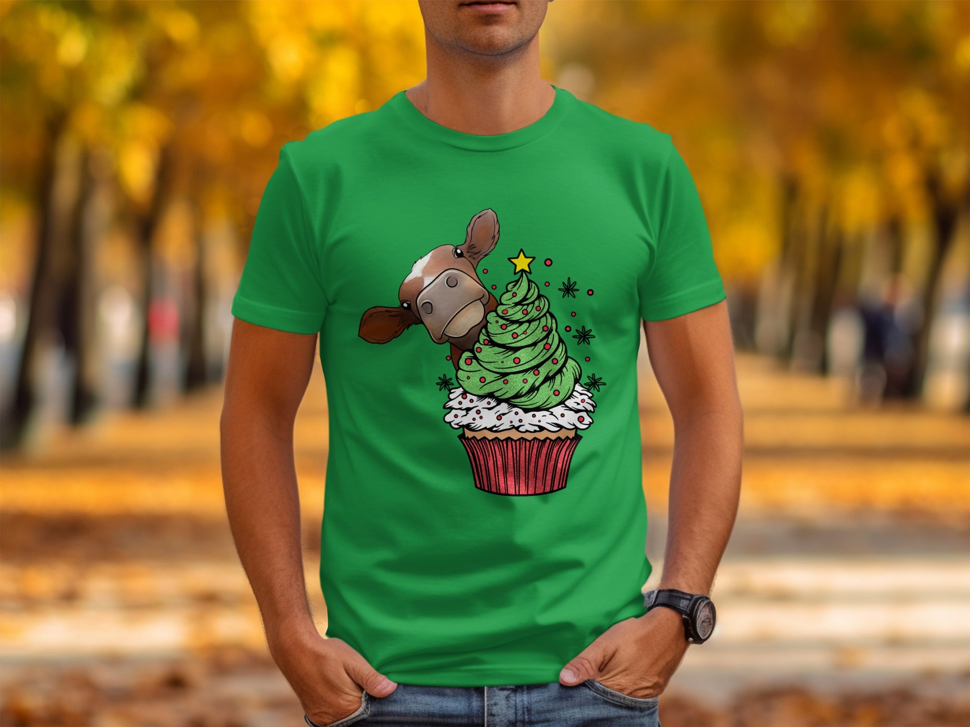 Festive Christmas Cow with Tree Cupcake Graphic T-Shirt