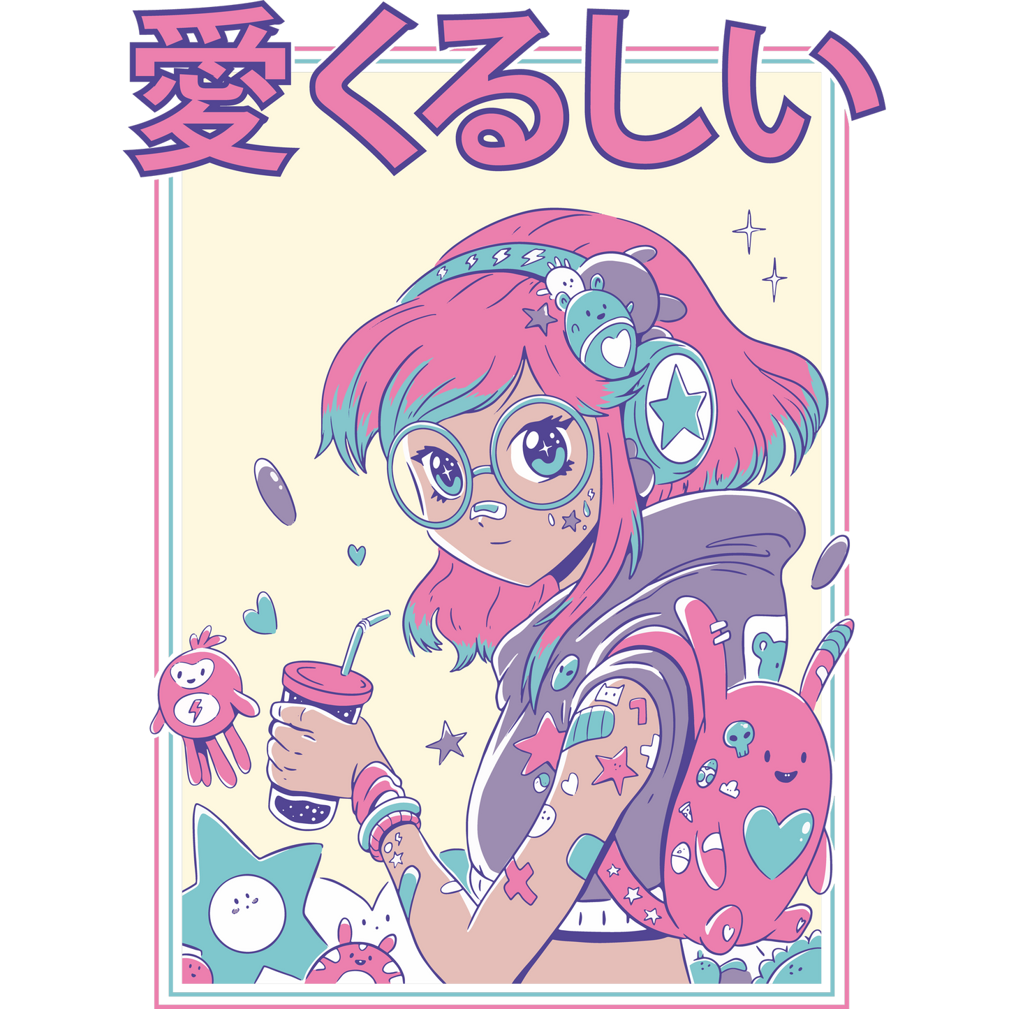 Cute Girl with Colorful Accessories Anime Art Print