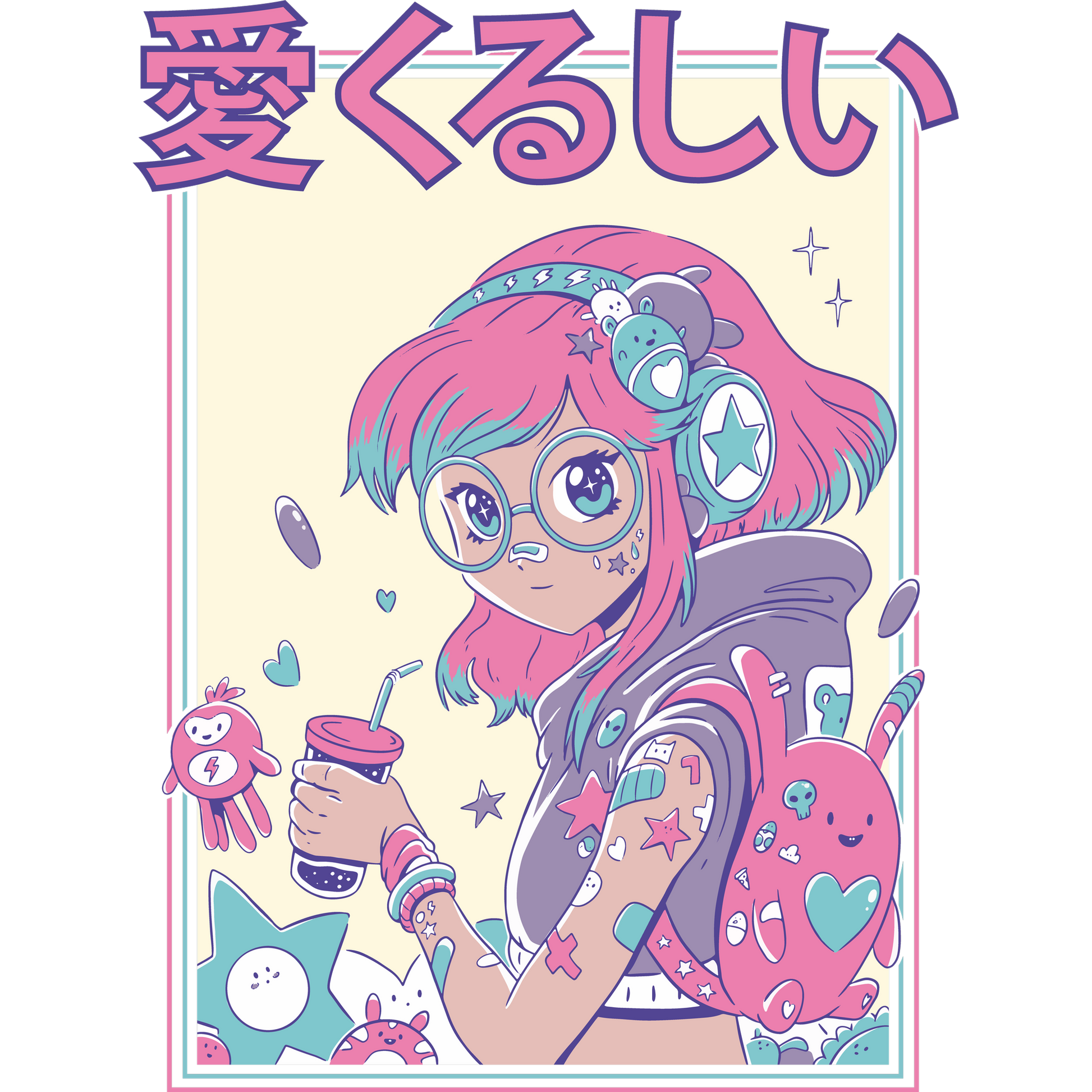 Cute Girl with Colorful Accessories Anime Art Print