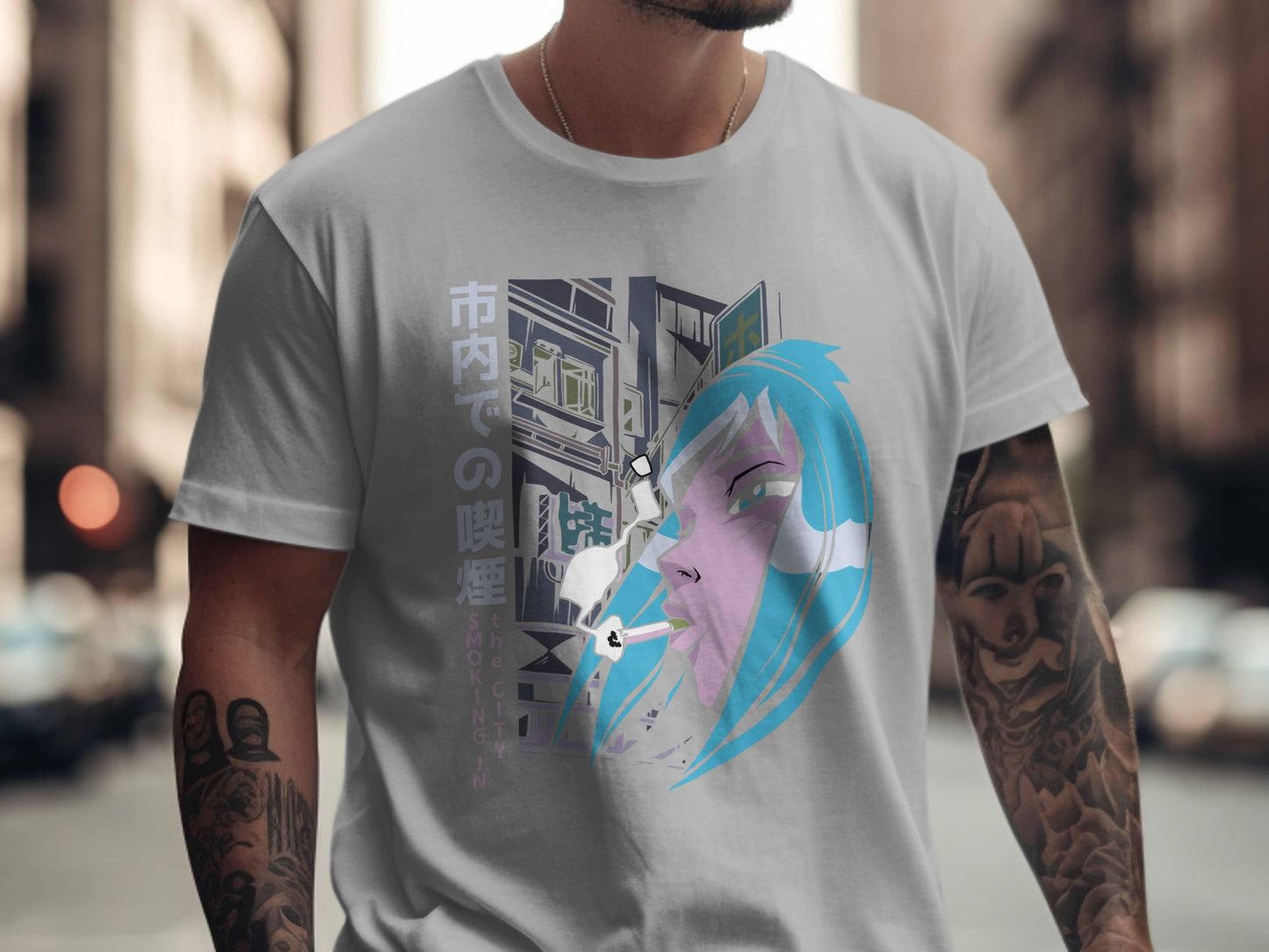 Smoking in City Anime Graphic T-Shirt