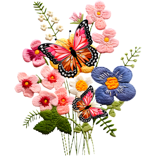 Vibrant Floral and Butterfly Embroidery Design Art