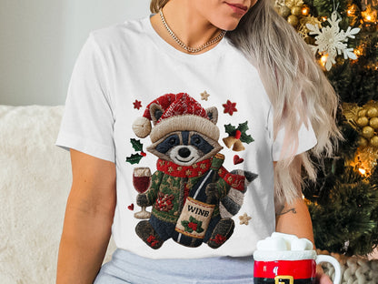 Festive Raccoon with Wine and Santa Hat T-Shirt