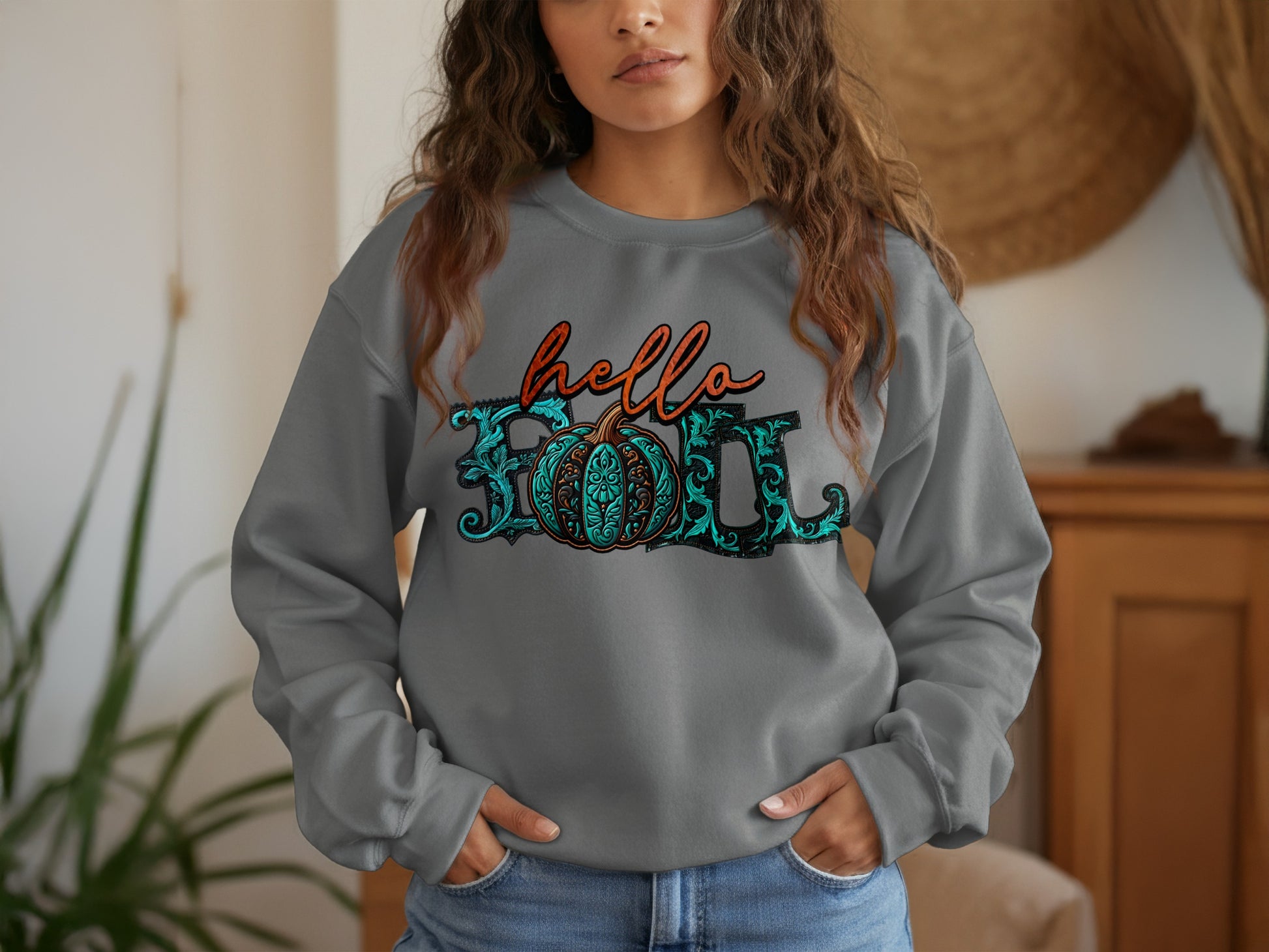 Hello Fall Sweatshirt with Festive Pumpkin Design