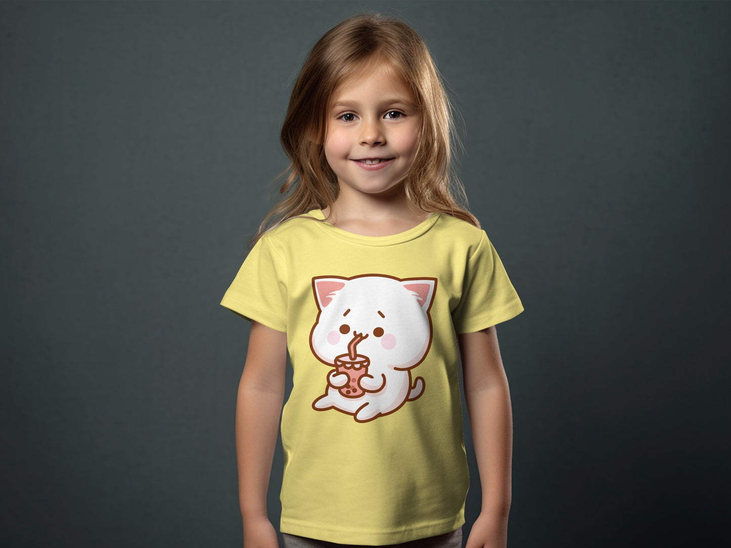 Cute Cartoon Cat Drinking Chocolate Milk Kids Shirt