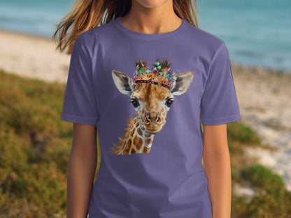 Cute Purple T-Shirt with Giraffe Wearing Colorful Crown