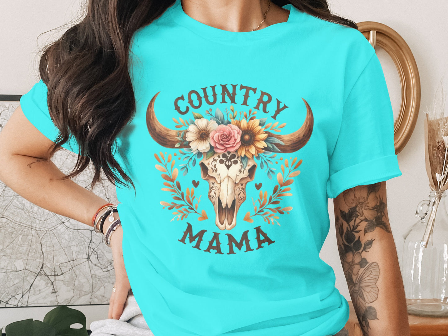 Country Mama Skull with Floral Design Shirt