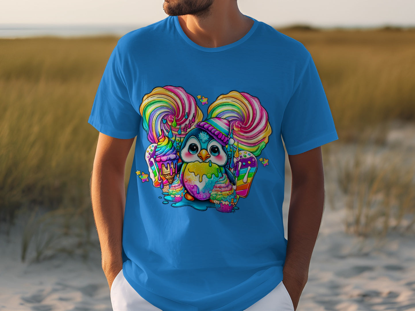Colorful Candy-Themed Owl Art on Blue T-shirt
