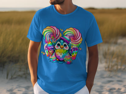 Colorful Candy-Themed Owl Art on Blue T-shirt