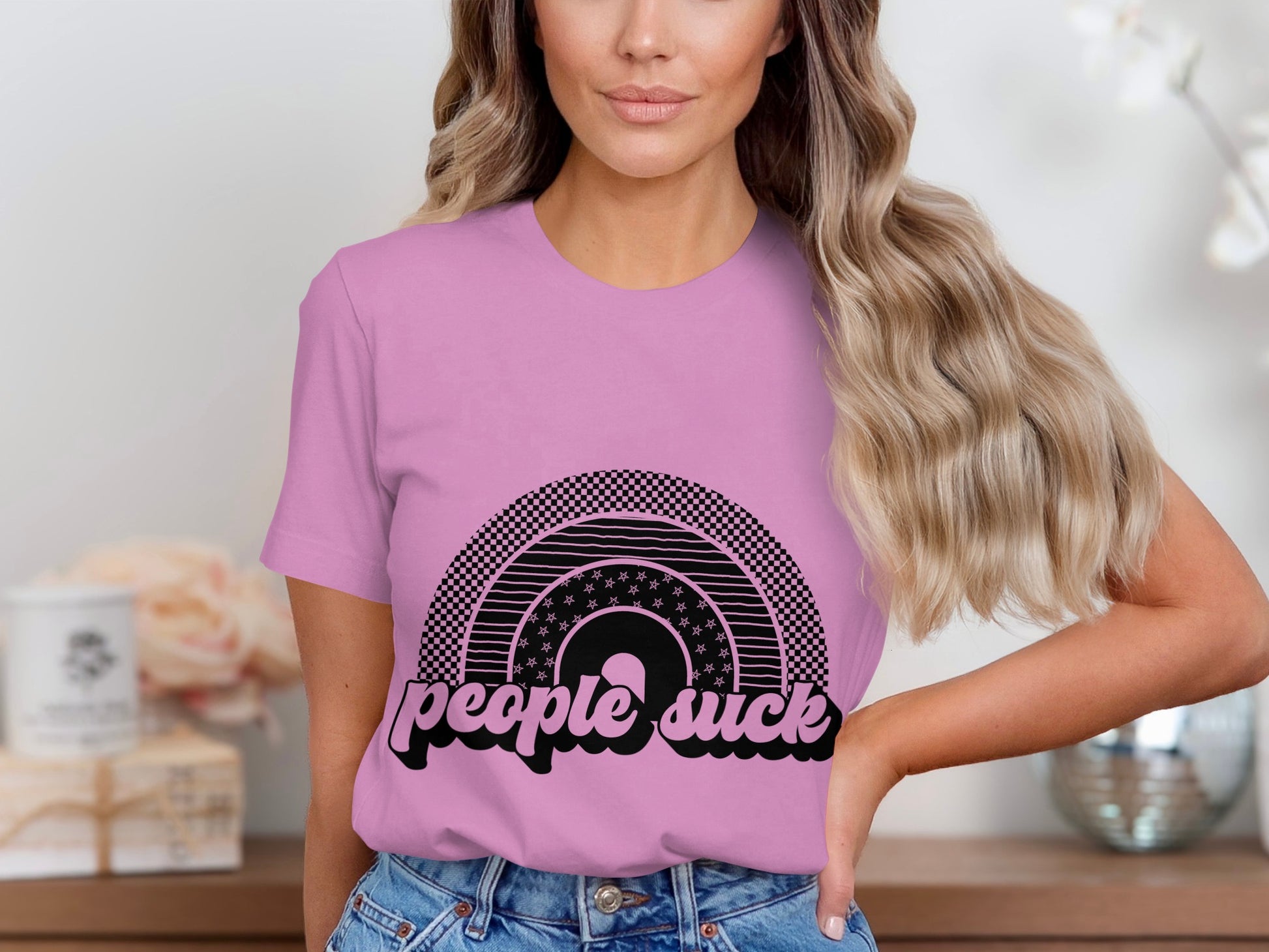 Purple Tee with Retro Style People Suck Design