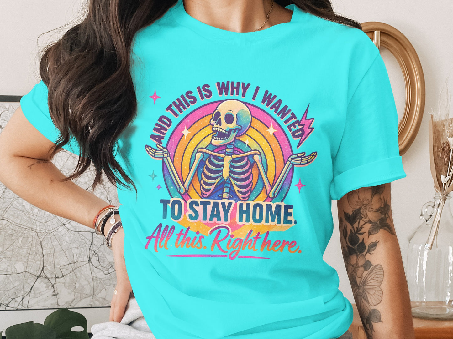 Funny Skeleton Stay Home Graphic Tee