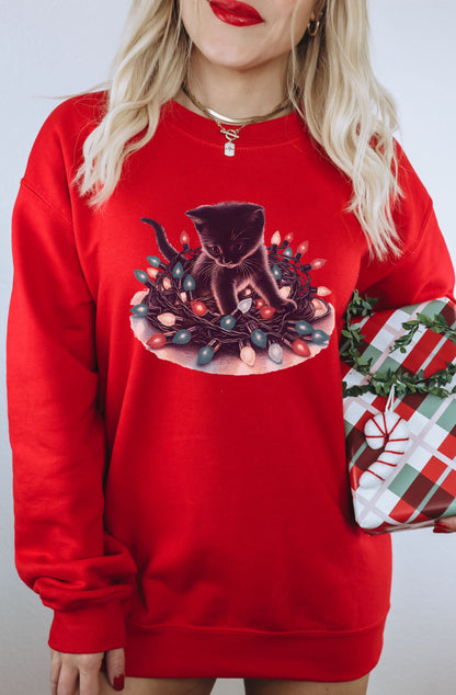 Red Sweatshirt Featuring Cute Cat with Christmas Lights