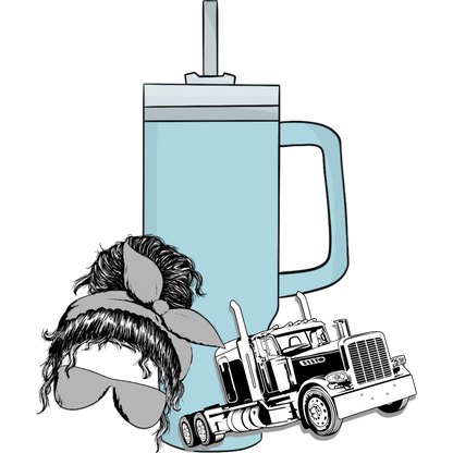 Light Blue Tumbler with Fun Graphic Woman and Truck