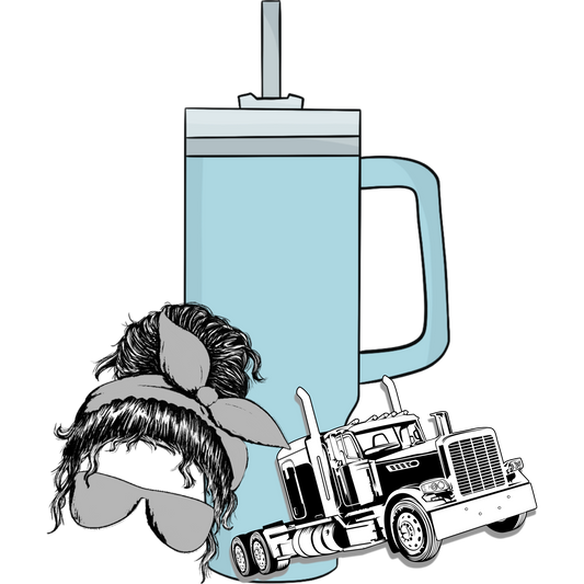 Light Blue Tumbler with Fun Graphic Woman and Truck