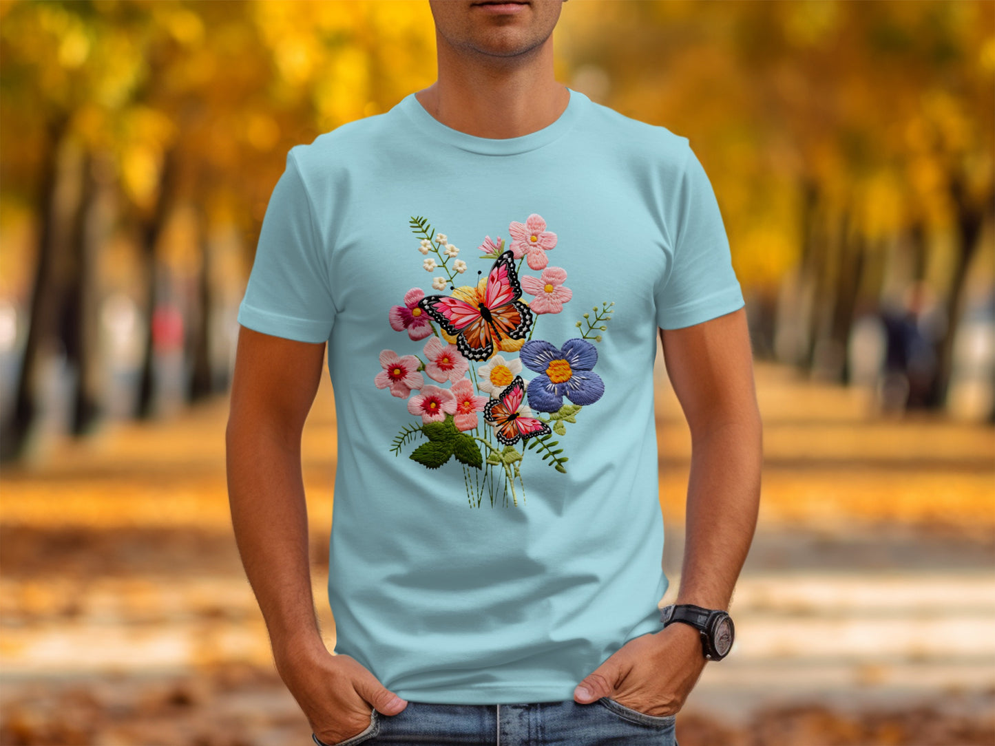 Colorful Floral Butterflies Design on Blue Shirt