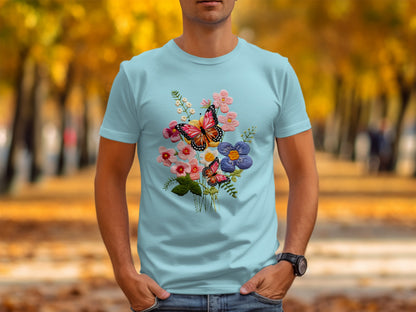 Colorful Floral Butterflies Design on Blue Shirt