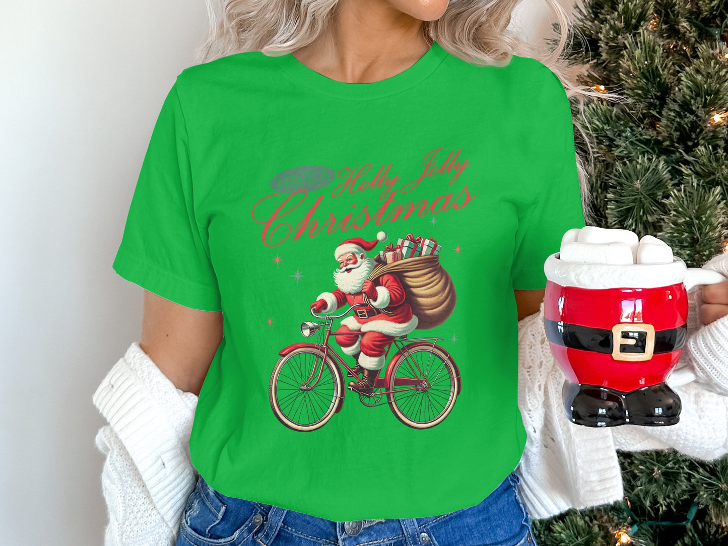 Santa Riding Bicycle Holly Jolly Christmas Shirt