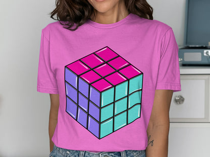 Colorful Cube Graphic on Casual Pink Shirt