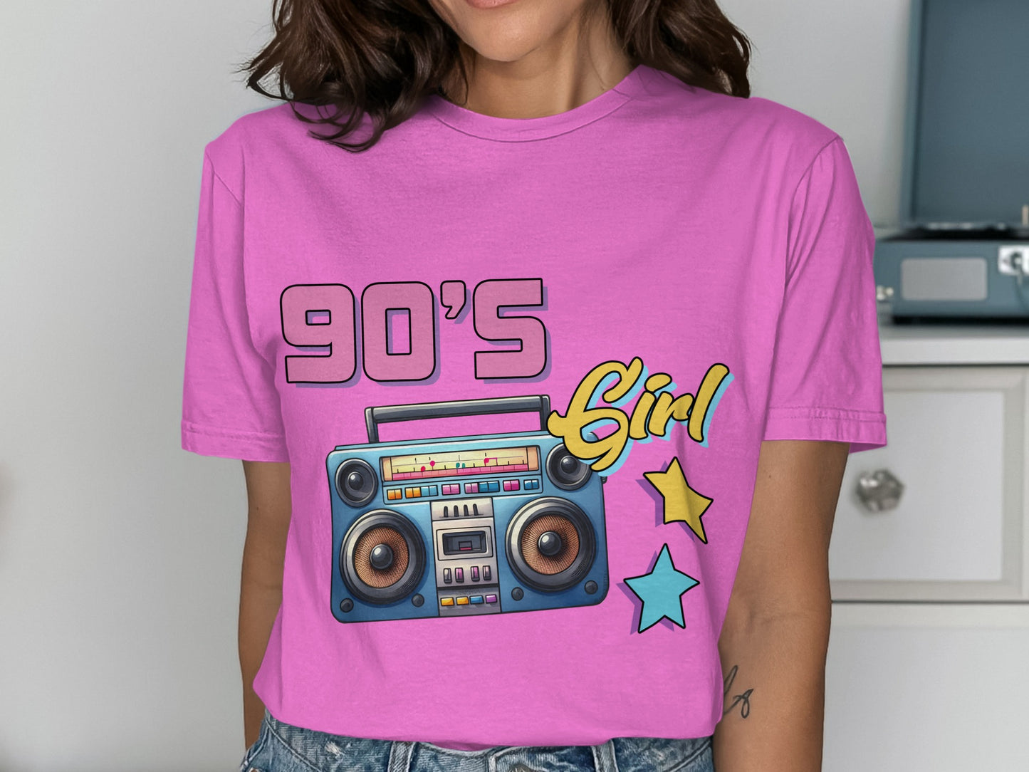Retro 90's Girl Graphic Shirt with Boombox Design