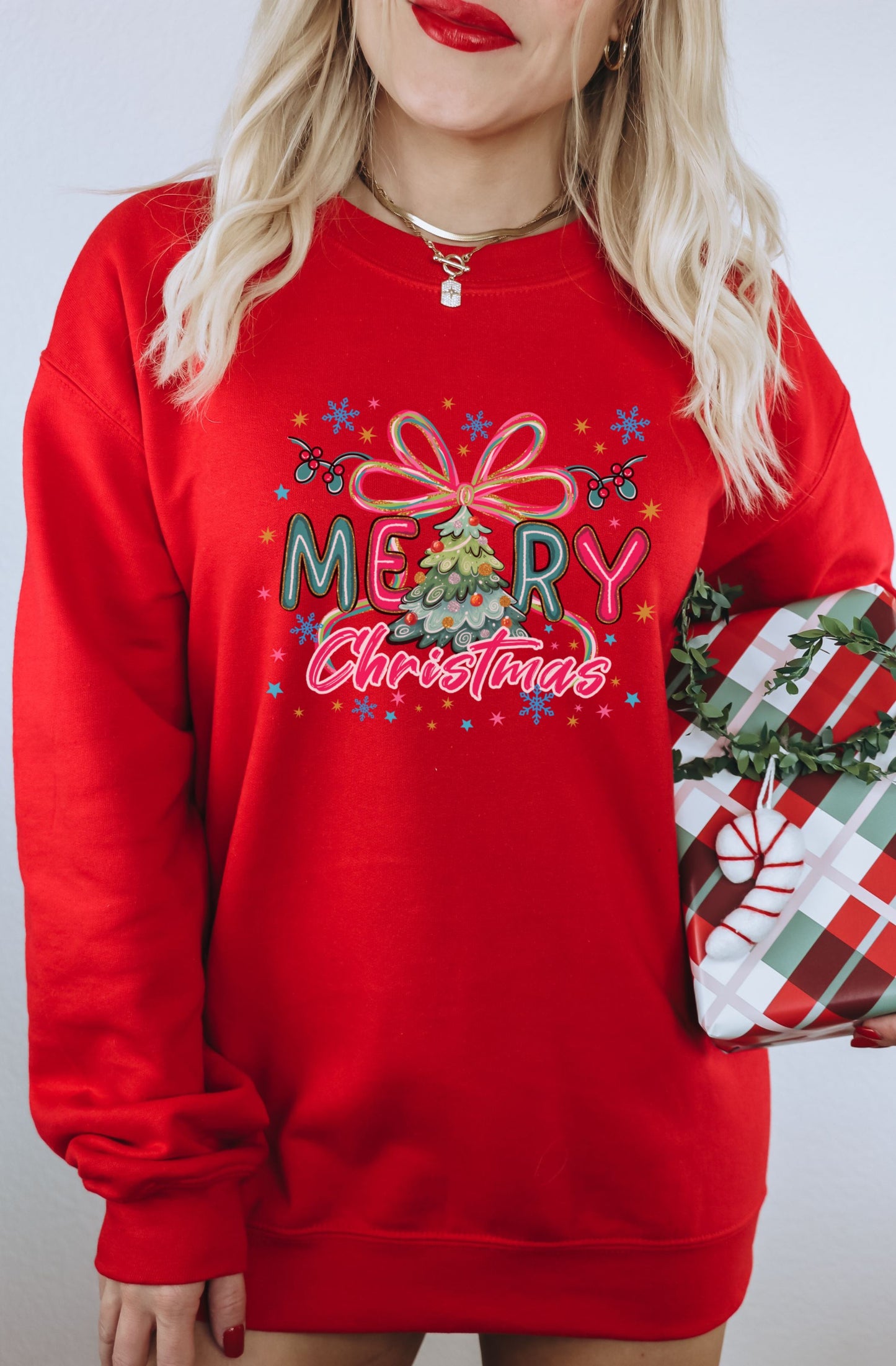 Festive Merry Christmas Tree Bow Holiday Sweater