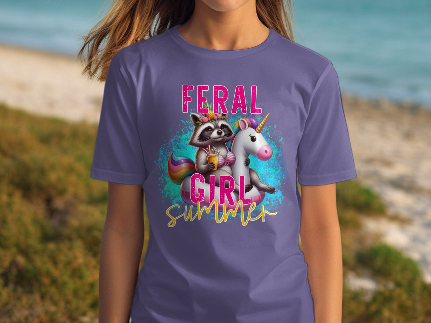 Feral Girl Summer with Unicorn and Raccoon T-shirt