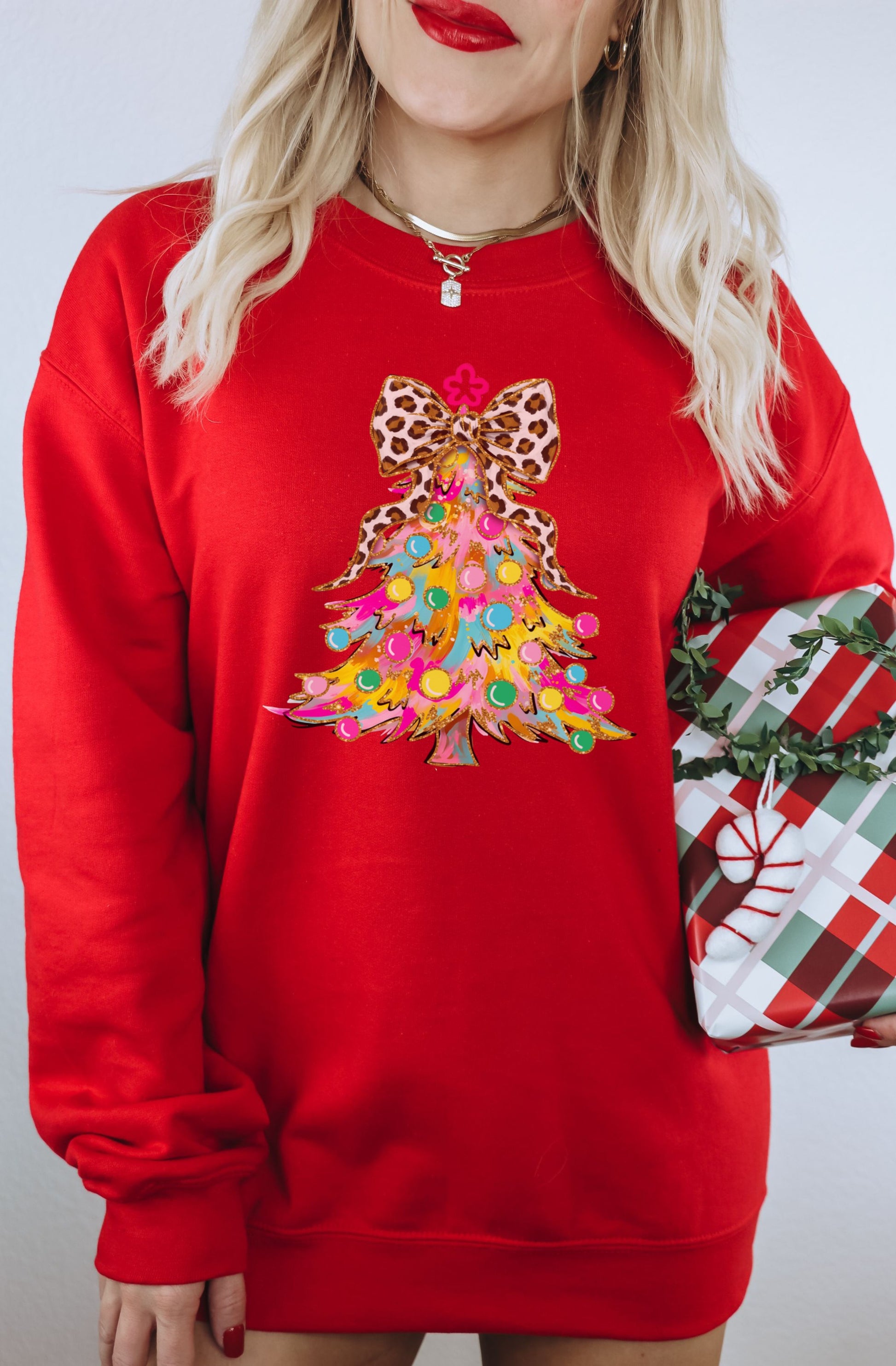Festive Holiday Sweatshirt with Colorful Tree Design