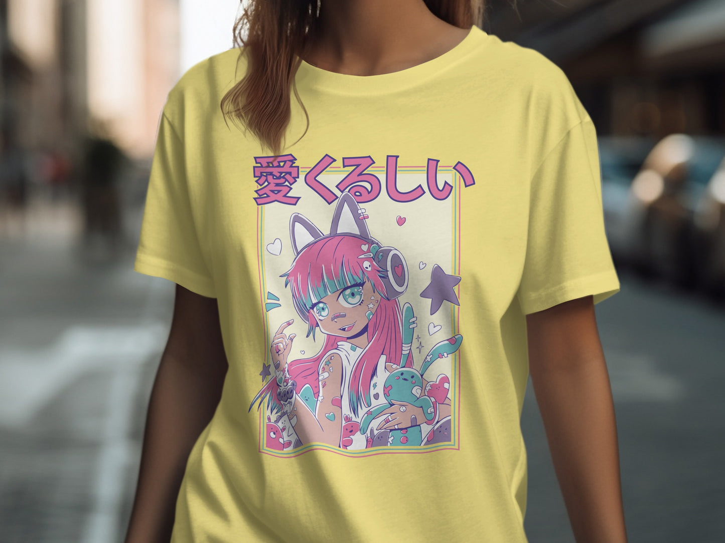 Cute Cat Ear Anime Girl Yellow Graphic T-shirt