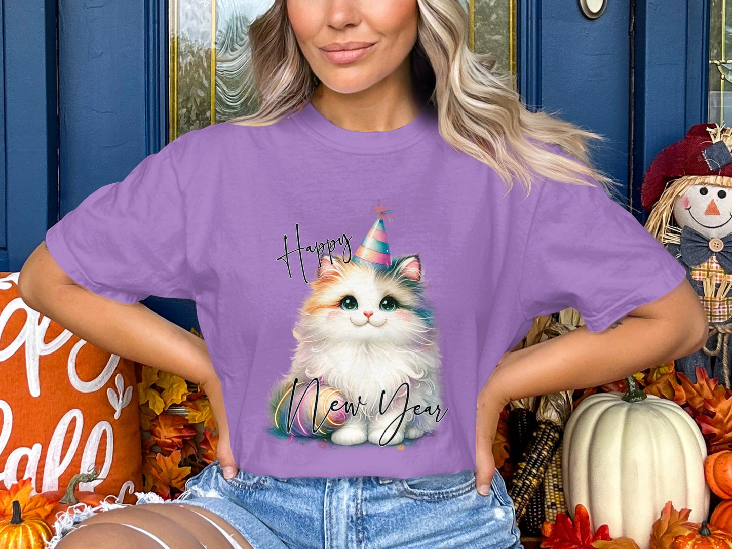 Happy New Year Cat Graphic Purple Shirt