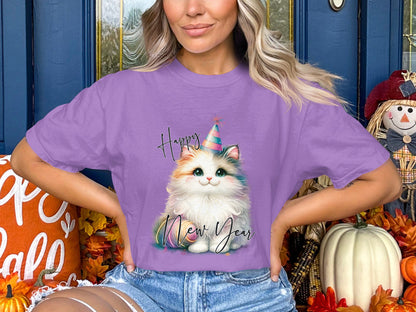 Happy New Year Cat Graphic Purple Shirt
