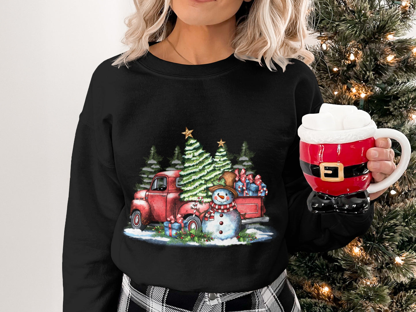 Festive Christmas Truck and Snowman Graphic Sweatshirt