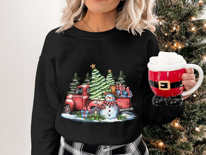 Festive Christmas Truck and Snowman Graphic Sweatshirt