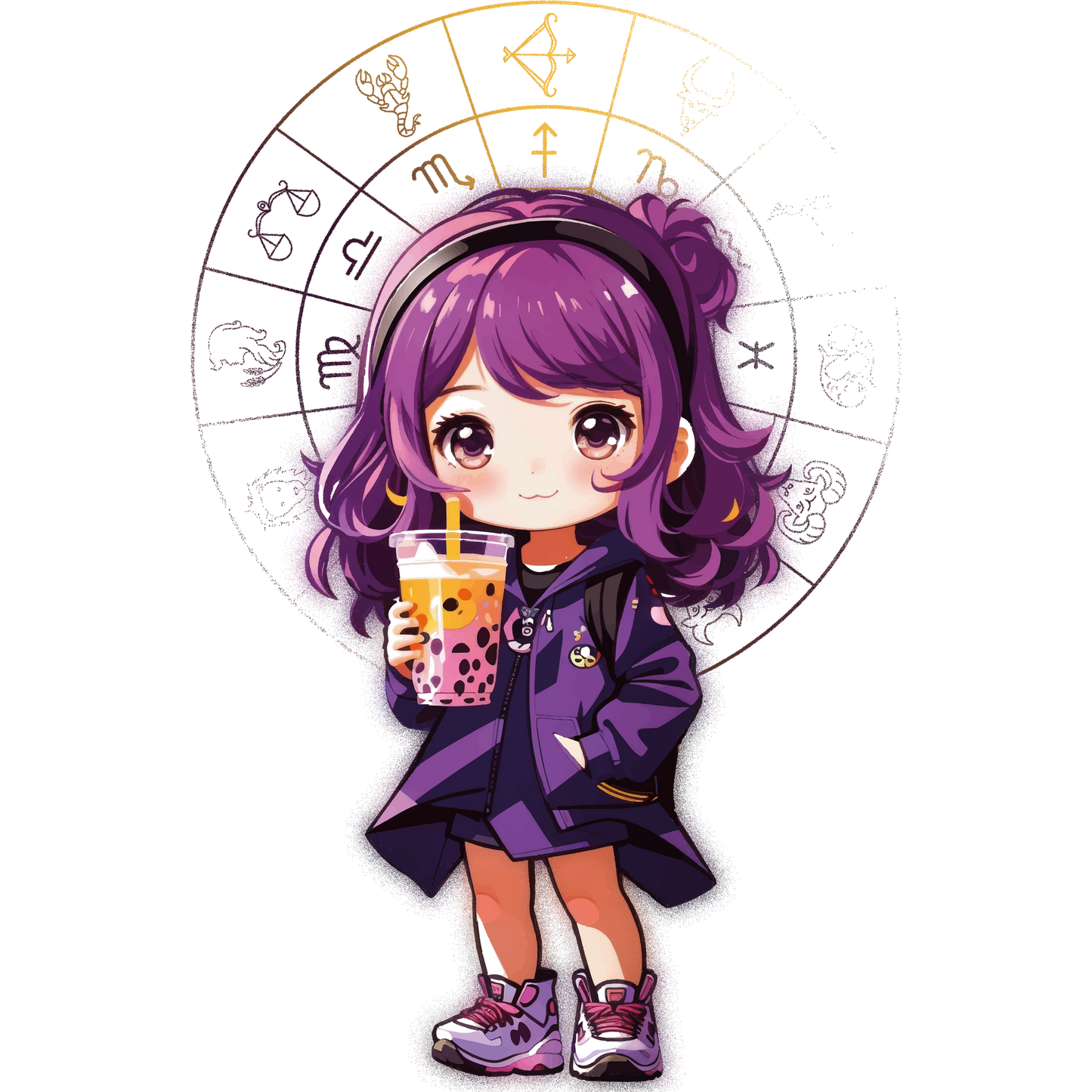 Adorable Purple Haired Girl with Bubble Tea Illustration