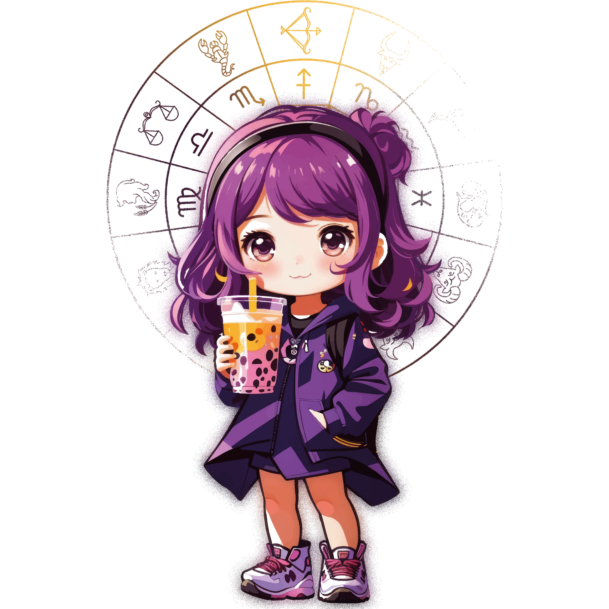 Adorable Purple Haired Girl with Bubble Tea Illustration