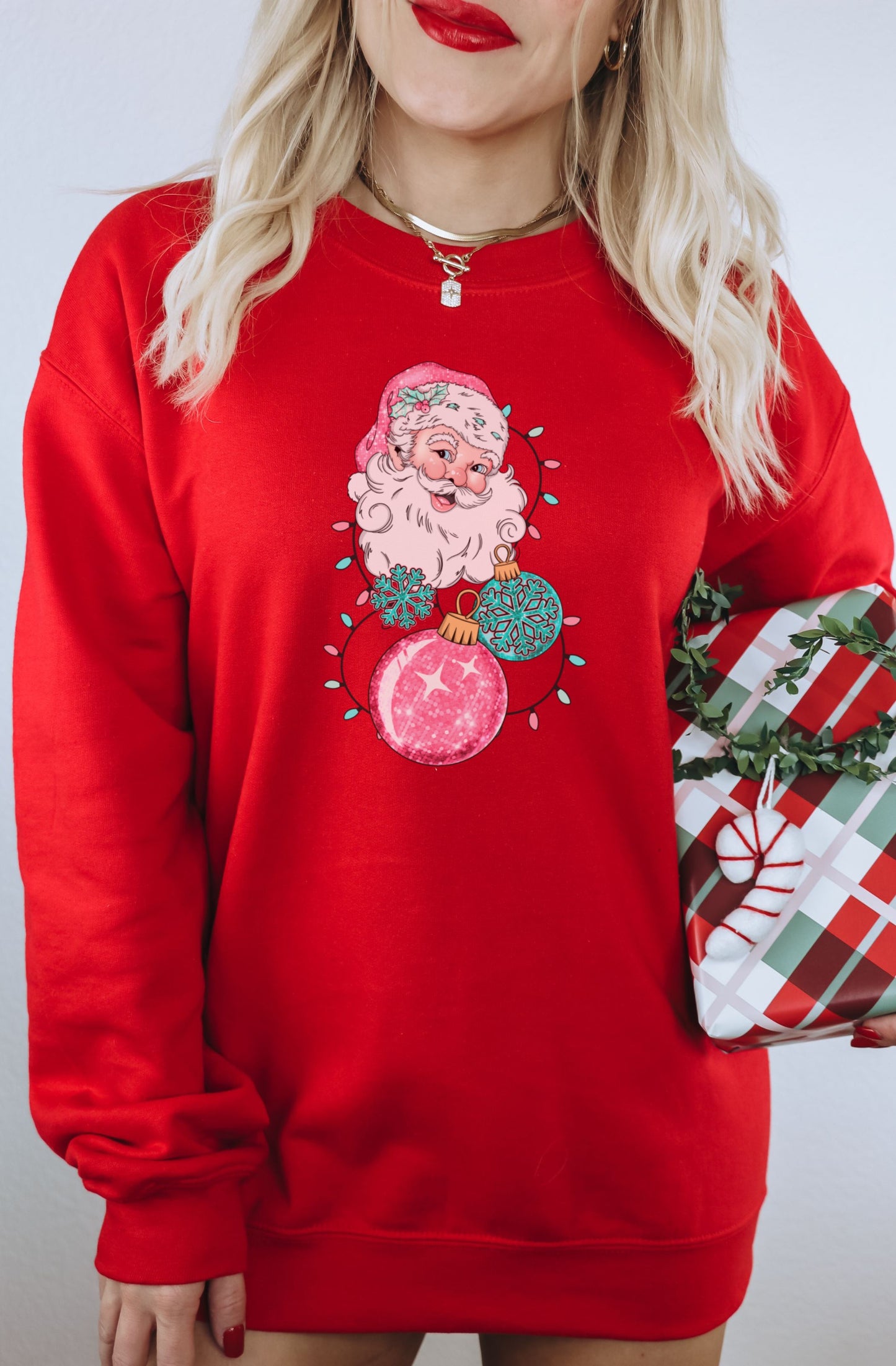 Festive Santa Christmas Ornament Print Sweater