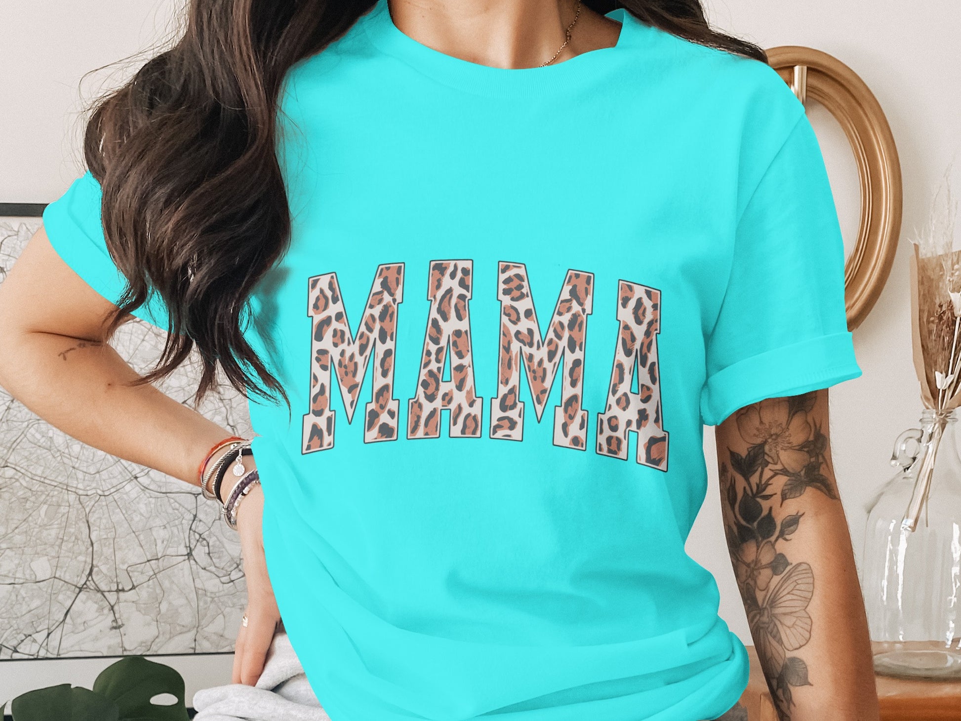 MAMA Leopard Print Letters Blue T Shirt