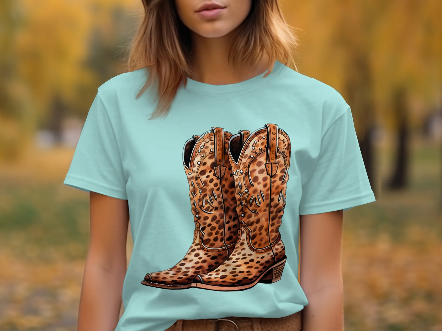 Stylish T-Shirt with Leopard Print Cowboy Boots Design