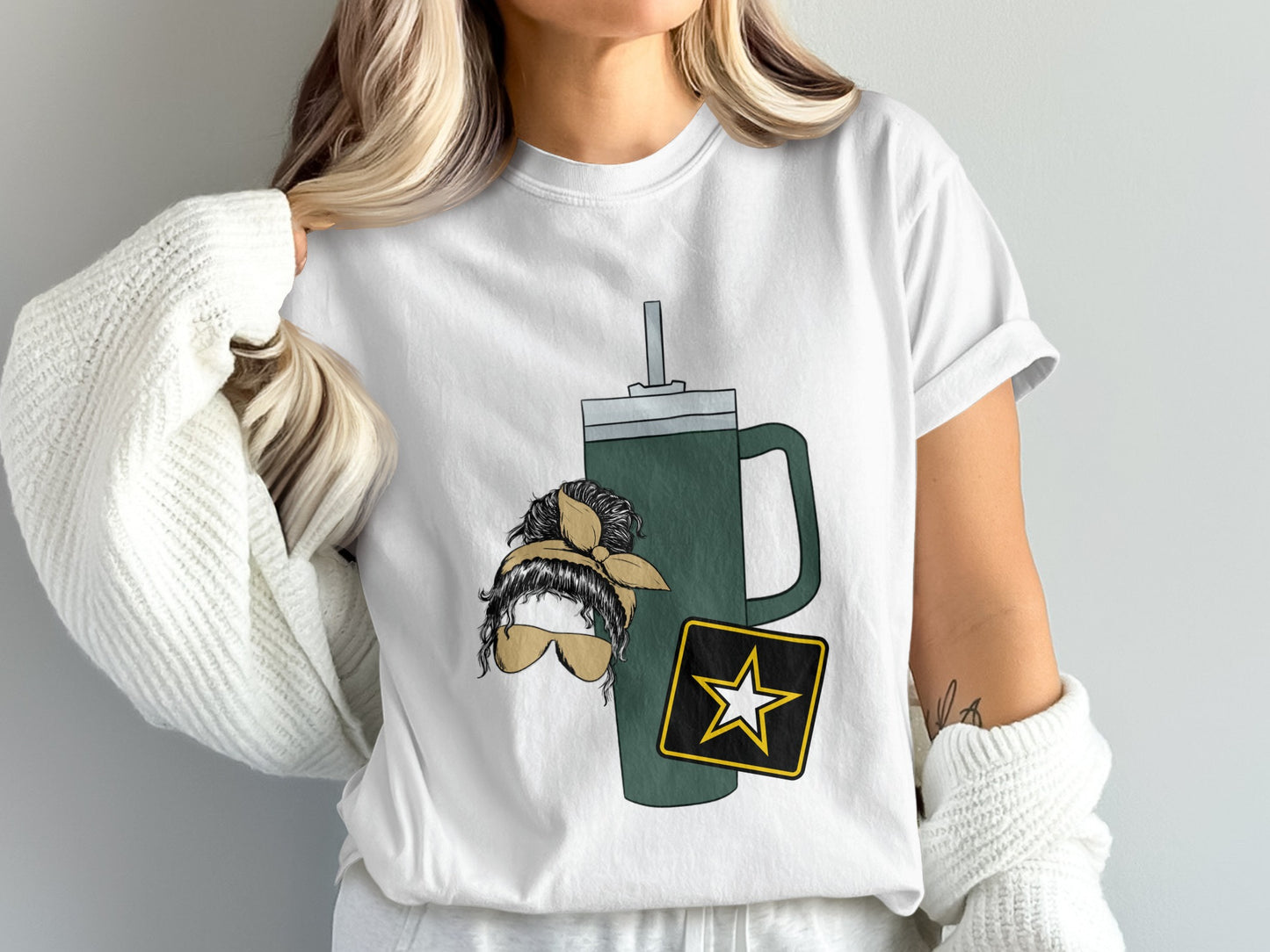 Military Inspired Graphic T-Shirt Featuring Tumbler