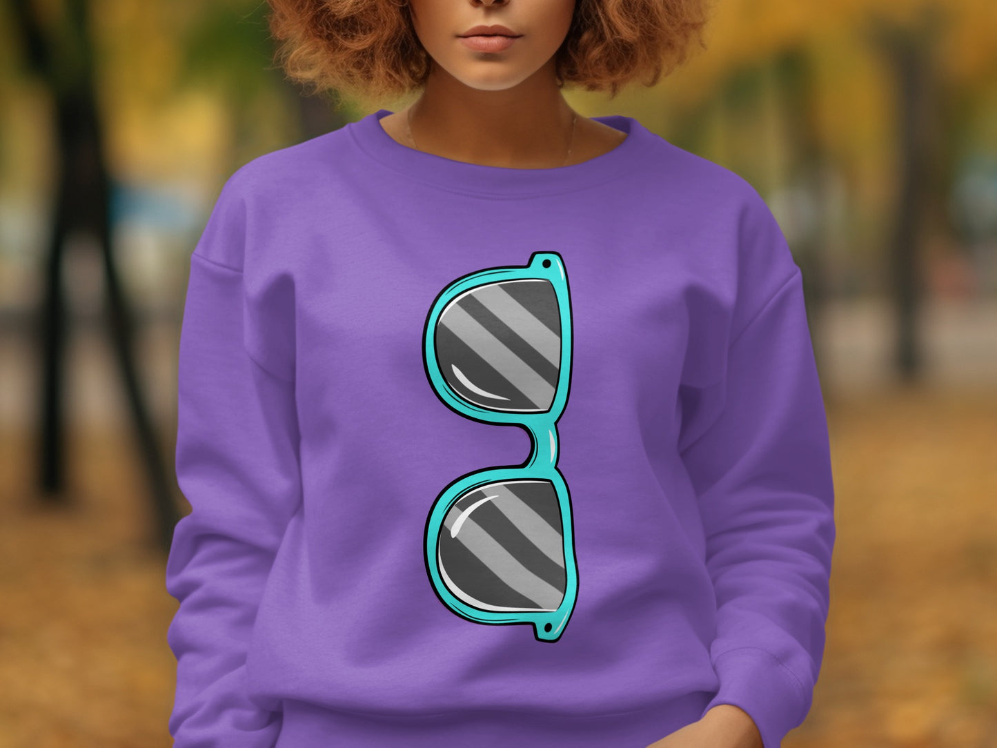 Bold Purple Sweater with Blue Embellished Sunglasses Design