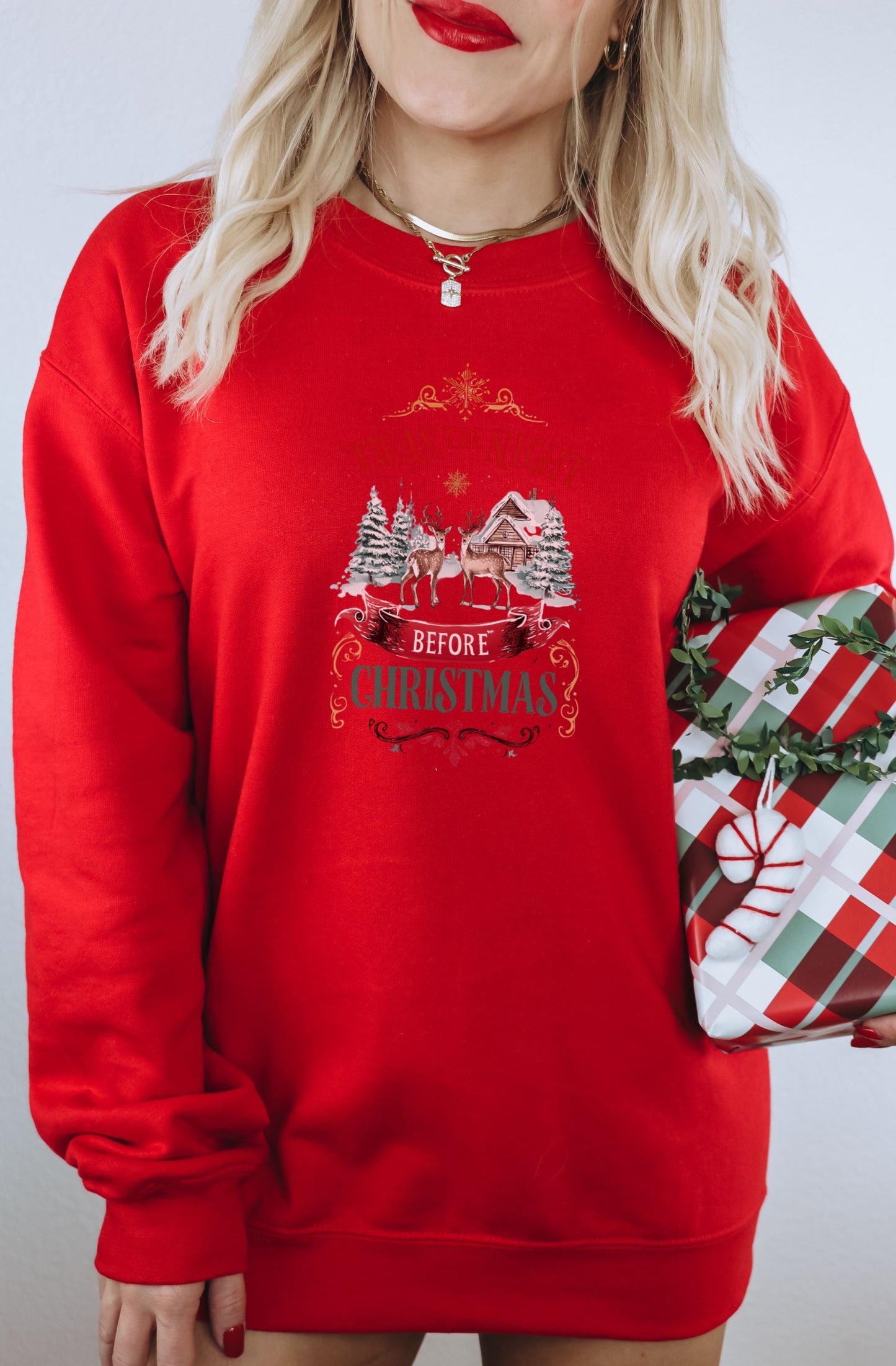 Festive Red Crewneck with Before Christmas Graphic