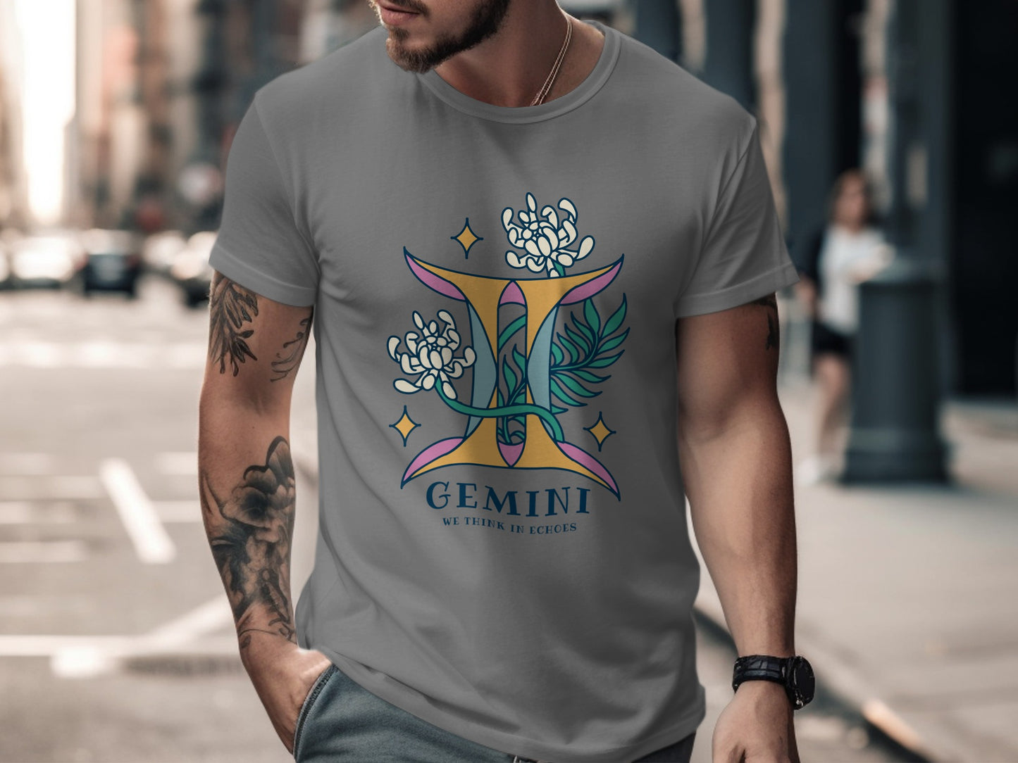 Gemini Zodiac Floral Design T-Shirt Casual Wear