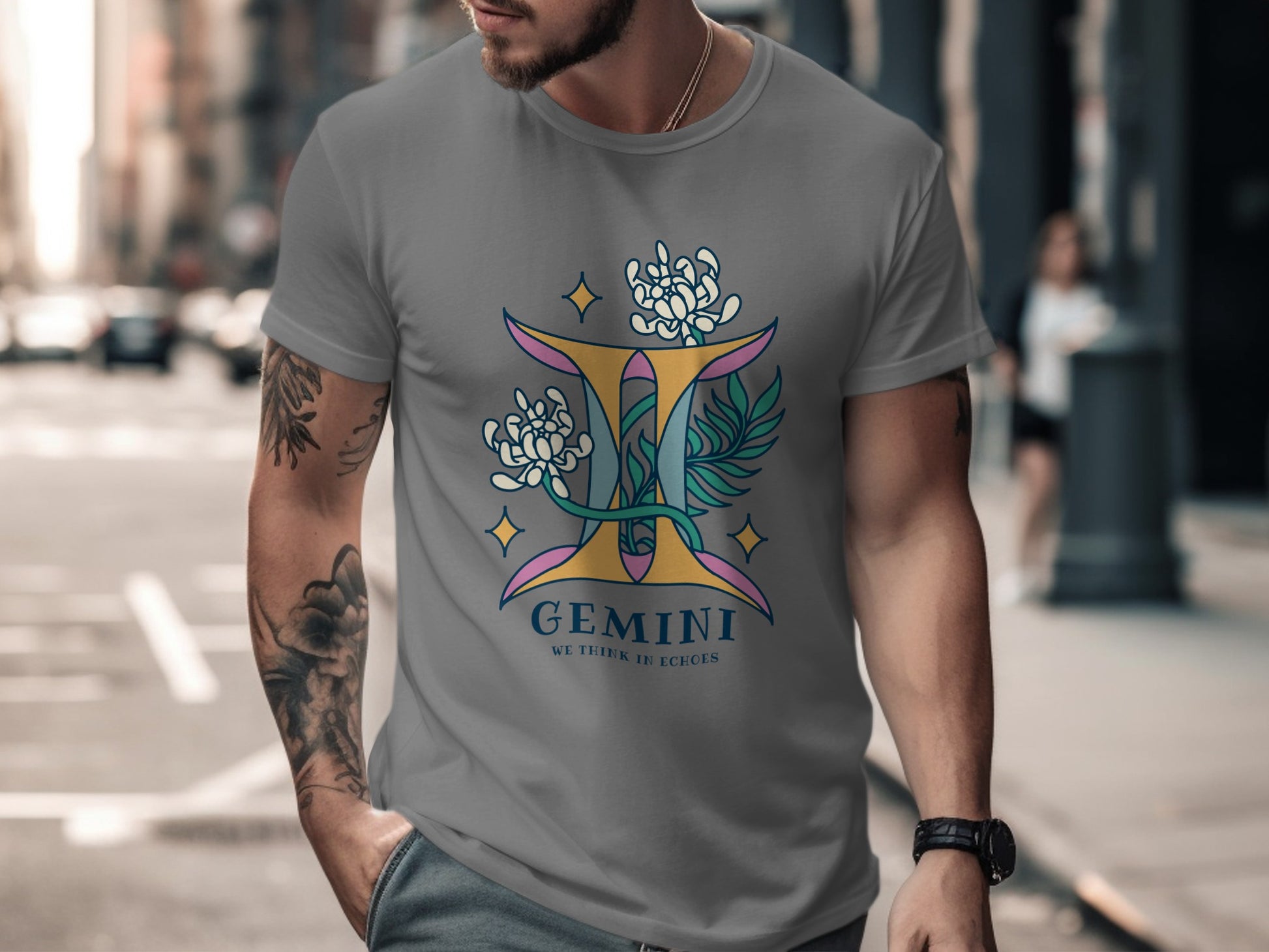Gemini Zodiac Floral Design T-Shirt Casual Wear