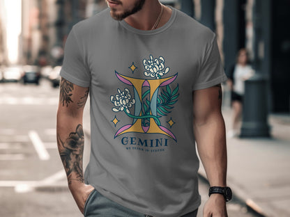 Gemini Zodiac Floral Design T-Shirt Casual Wear