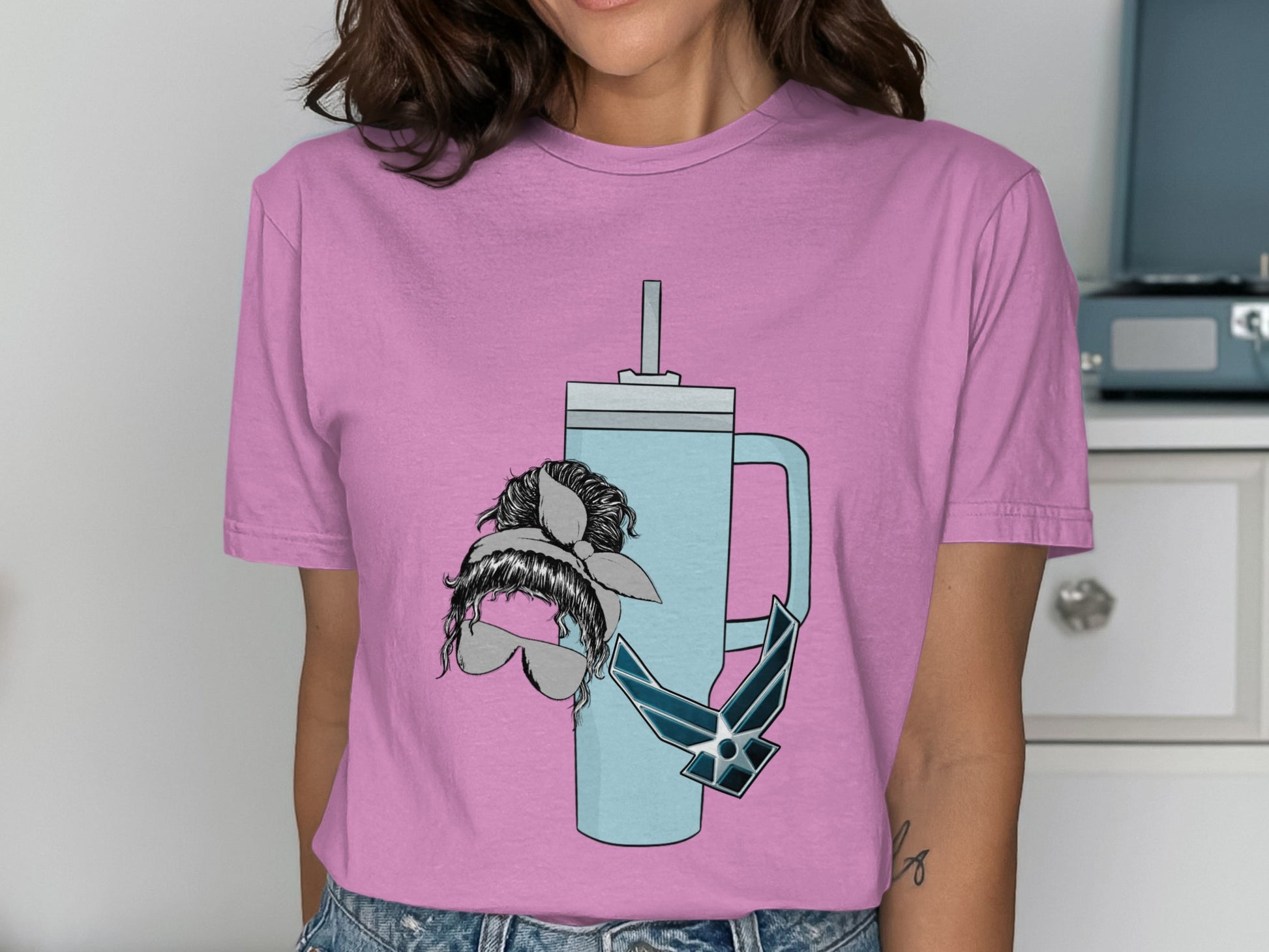 Pink T-Shirt with Illustrated Blue Mug Design