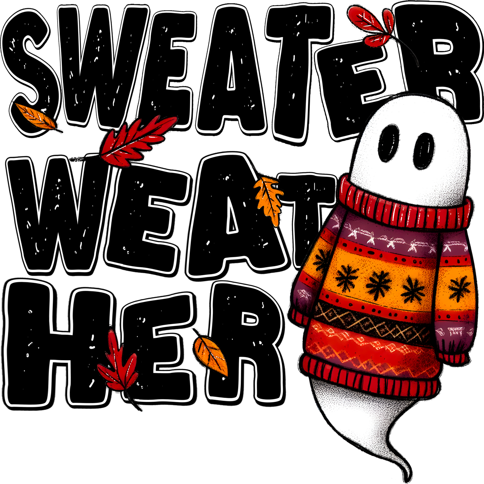 Sweater Weather Ghost with Autumn Leaves design
