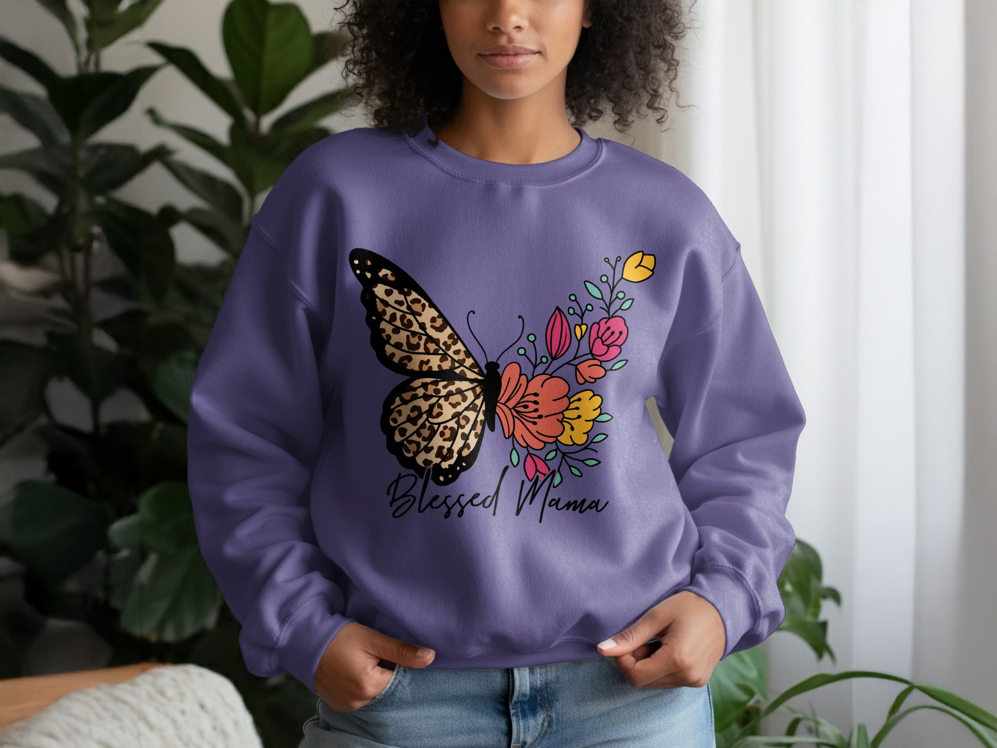 Blessed Mama Sweatshirt with Butterfly and Flowers