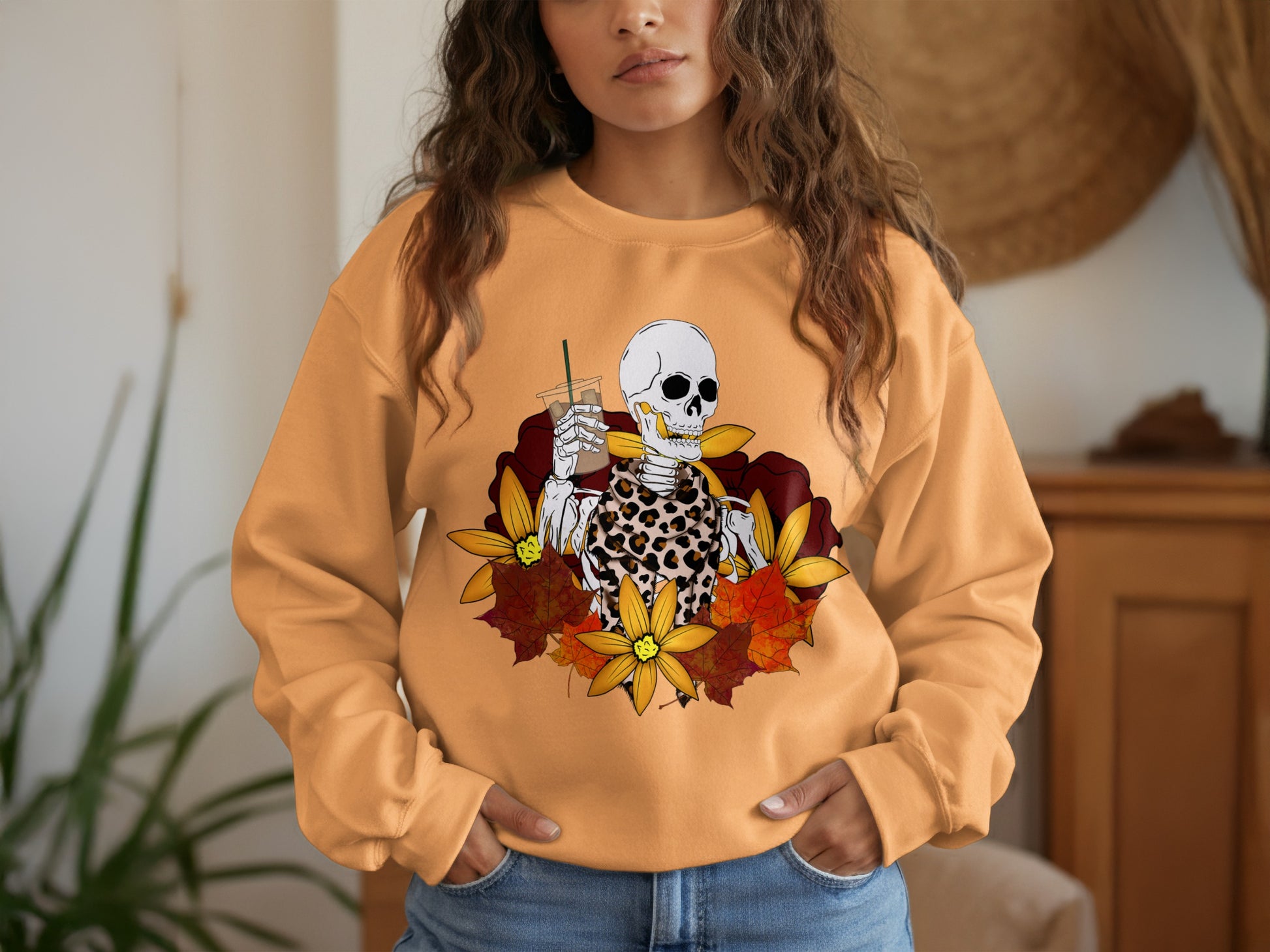 Skeleton with Leopard Print and Fall Flowers Sweatshirt