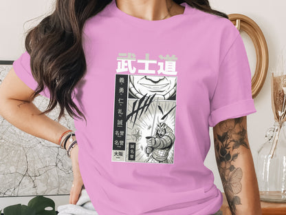 Bold Manga Artwork on Pink Tee Shirt Design